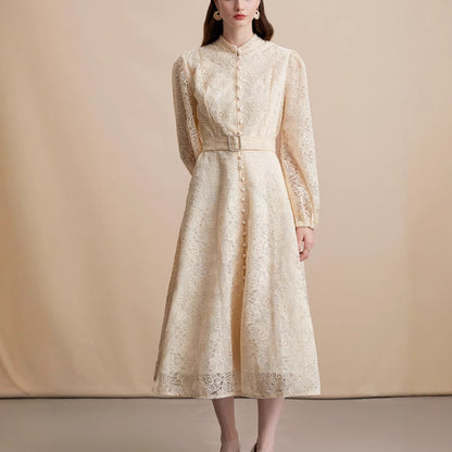 Lace embroidered stand-up collar single-breasted full skirt dress