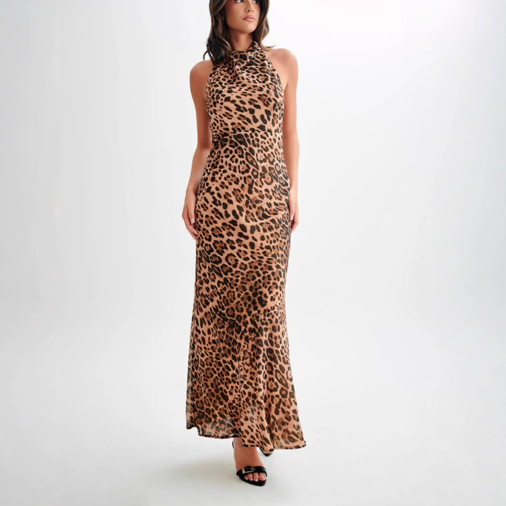 Backless halter neck leopard print dress