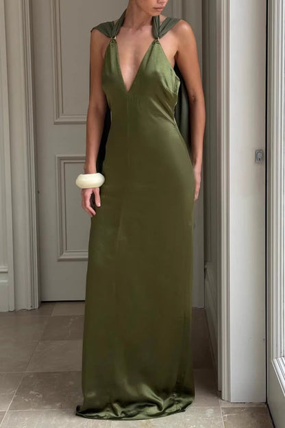 olive green satin deep V streamer maxi dress