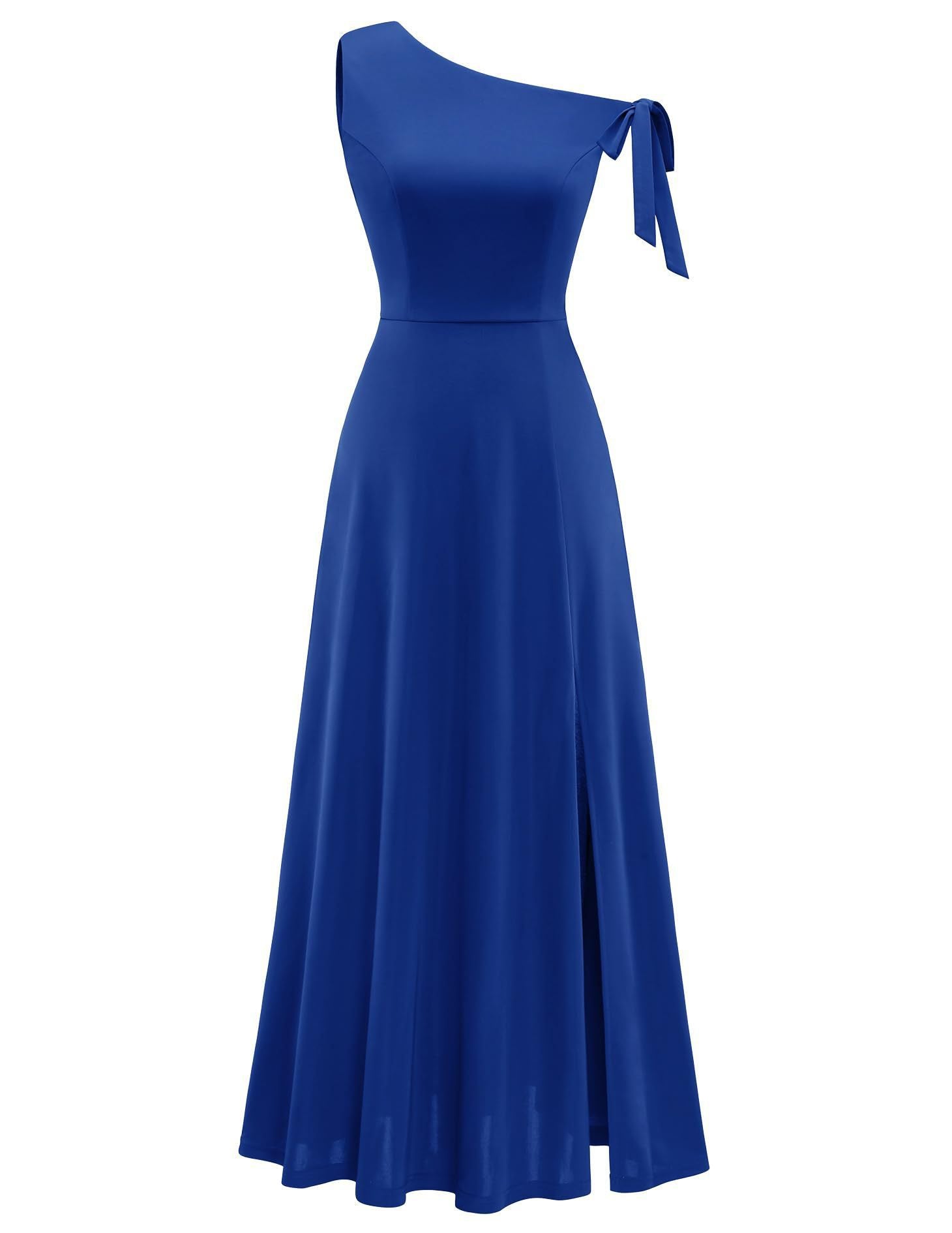 blue Slanted Shoulder Strap Slit Dress
