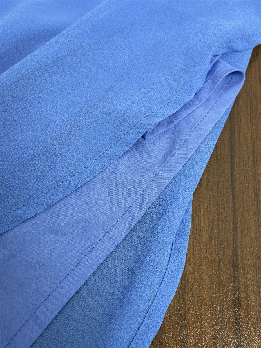 blue shoulder open back dress