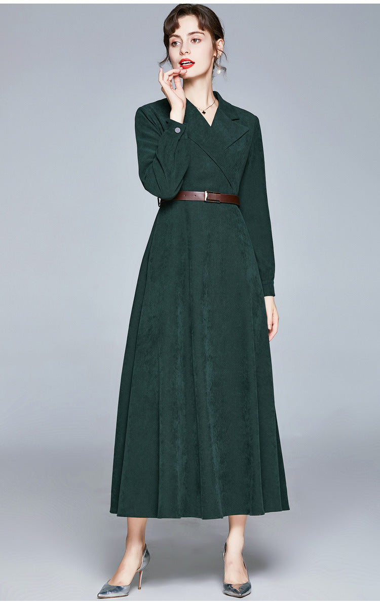 green Suit collar fitted waist maxi dress