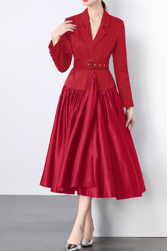 Suit collar belted long skirt