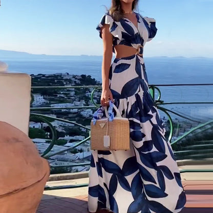 blue Printed V-Neck Ruffled Sleeve Cutout Dress
