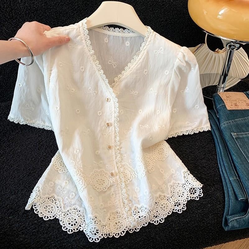 sabina Loose V-Neck Hollowed Lace Top