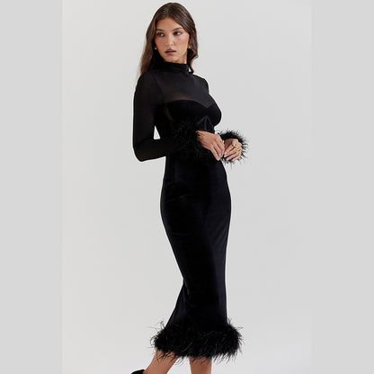 Furry Waist-cinching Mesh Patchwork maxi Dress