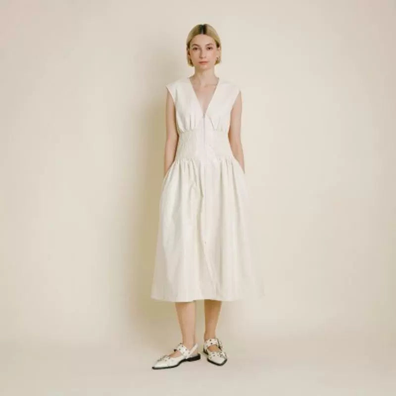 apricot cream stretch waist V-neck shoulder dress