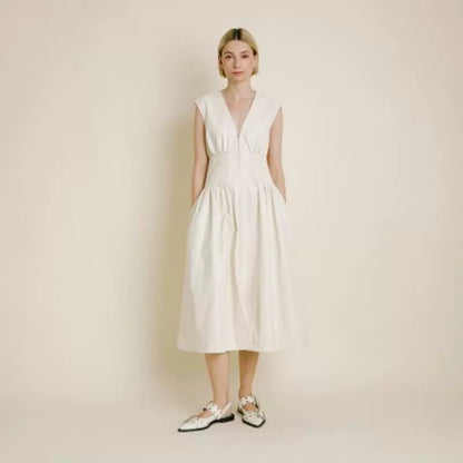 apricot cream stretch waist V-neck shoulder dress