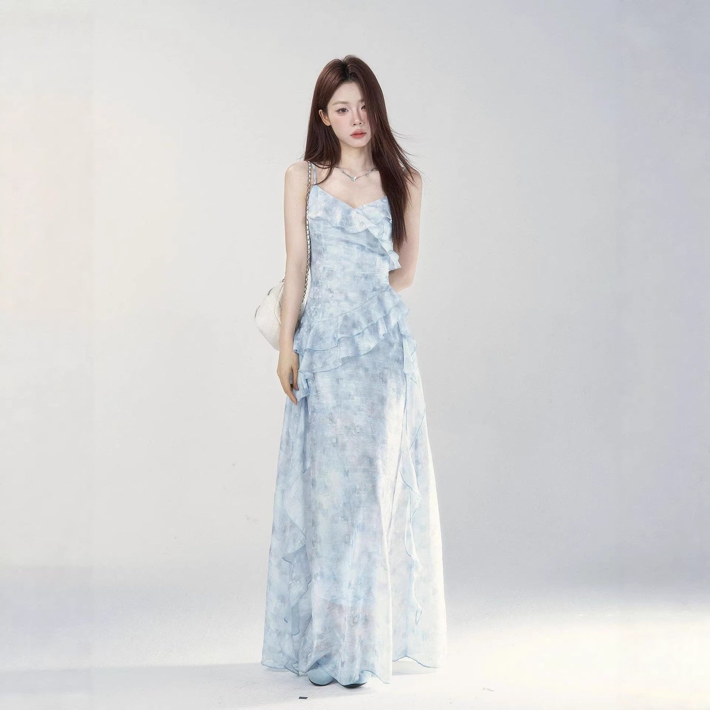 floral print ruffle trim slip maxi dress - blue