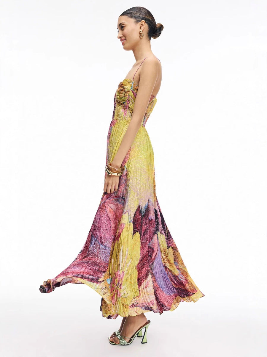 Floral print pleated strapless slip maxi dress