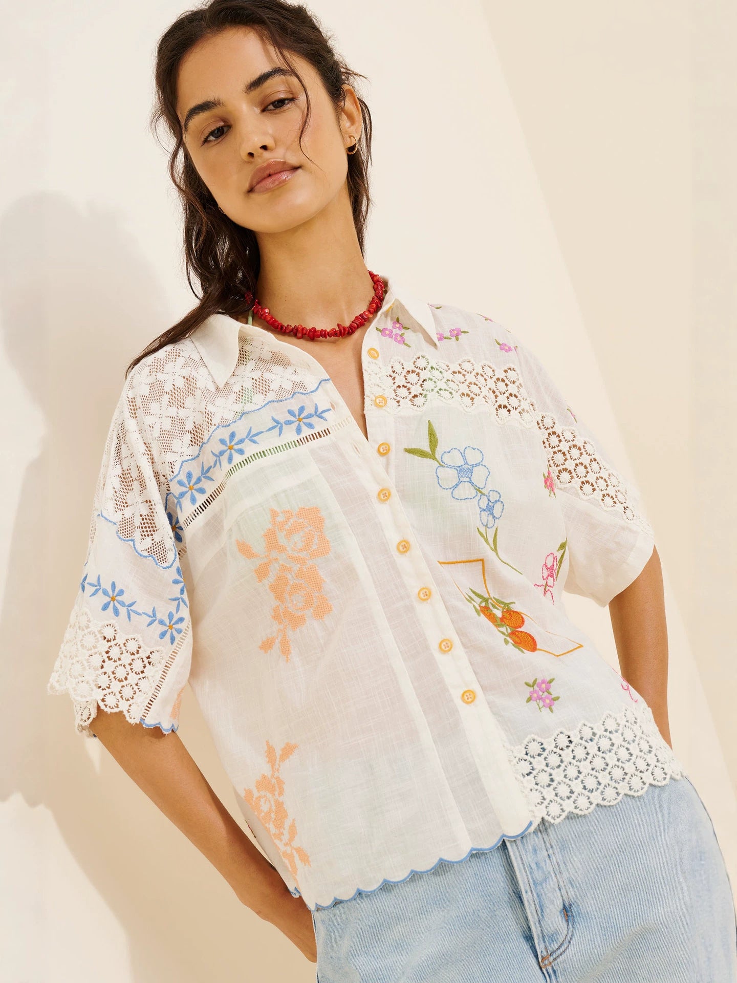 cream-white embroidered lace patchwork shirt