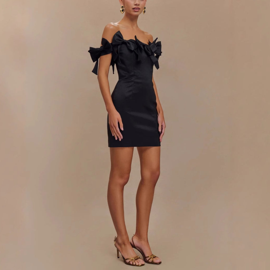 eileen Off-shoulder backless bow mini dress in black