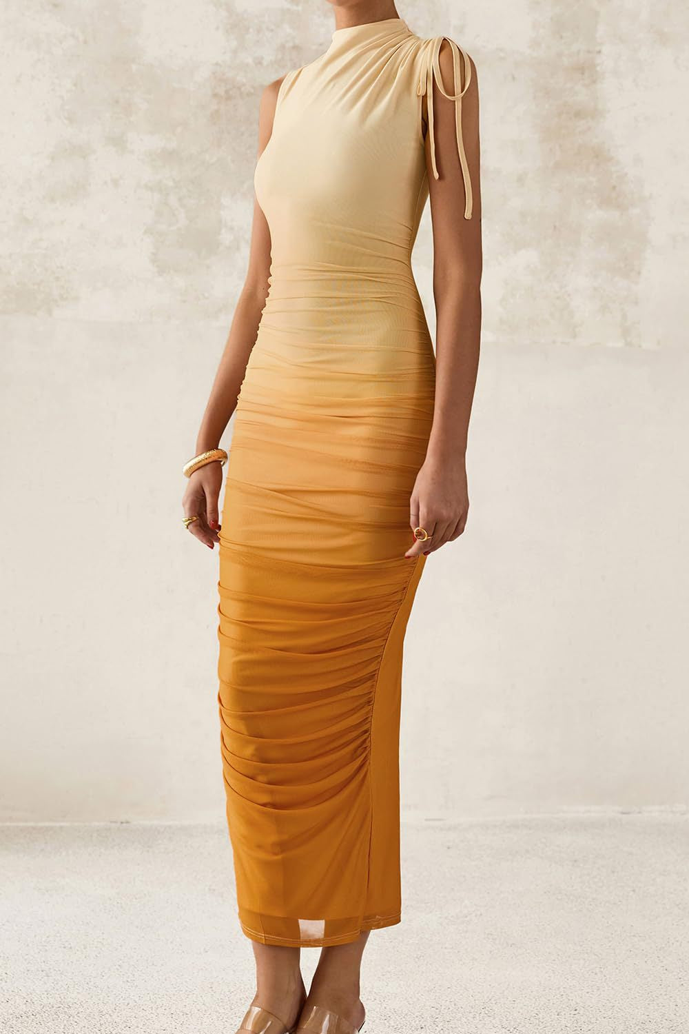 yellow Mesh flowers sleeveless crew neck dress