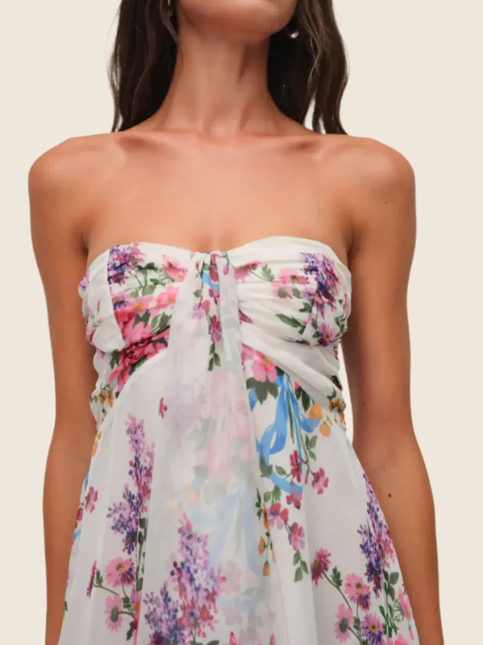 Floral print strapless chiffon ruffled mini dress
