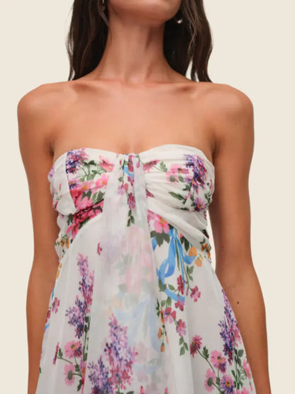 Floral print strapless chiffon ruffled mini dress