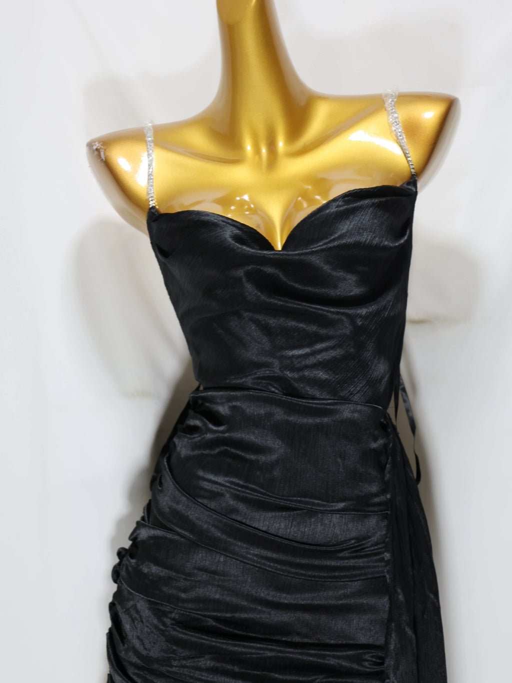 black suspender satin mini dress