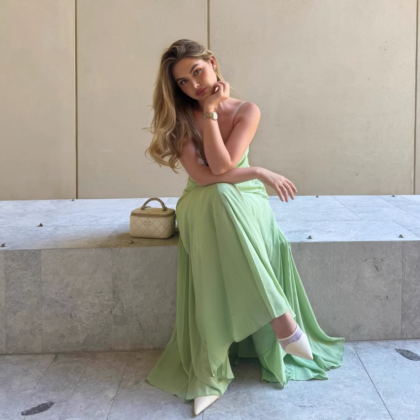 green chiffon slip swing collar dress