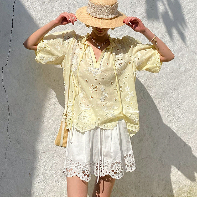 Embroidered cut-out French shirt