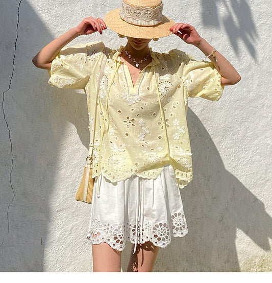 Embroidered cut-out French shirt