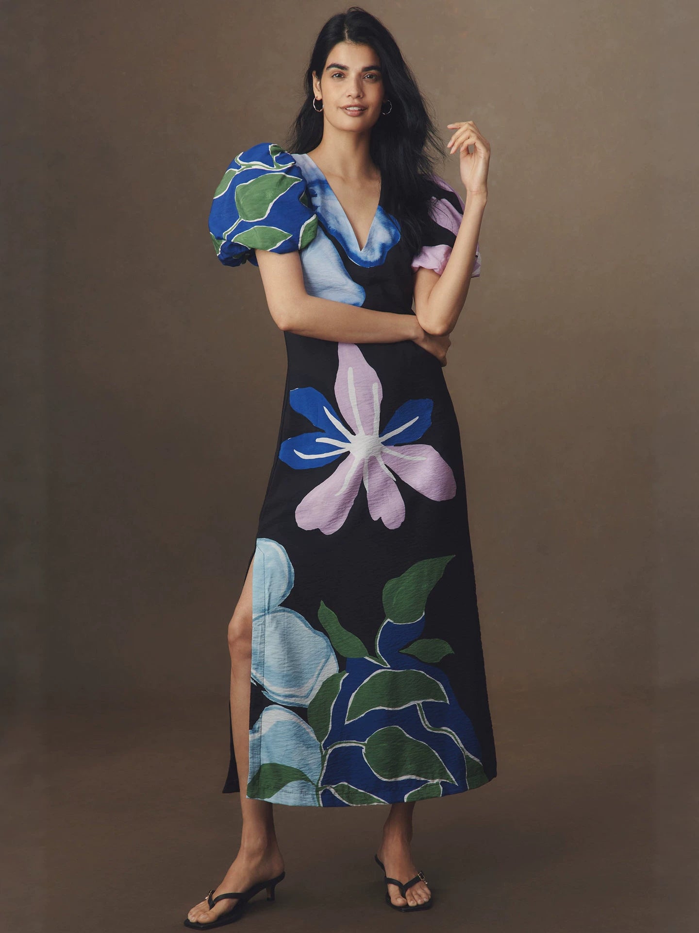 Printed puff sleeve V-neck side slit maxi dress