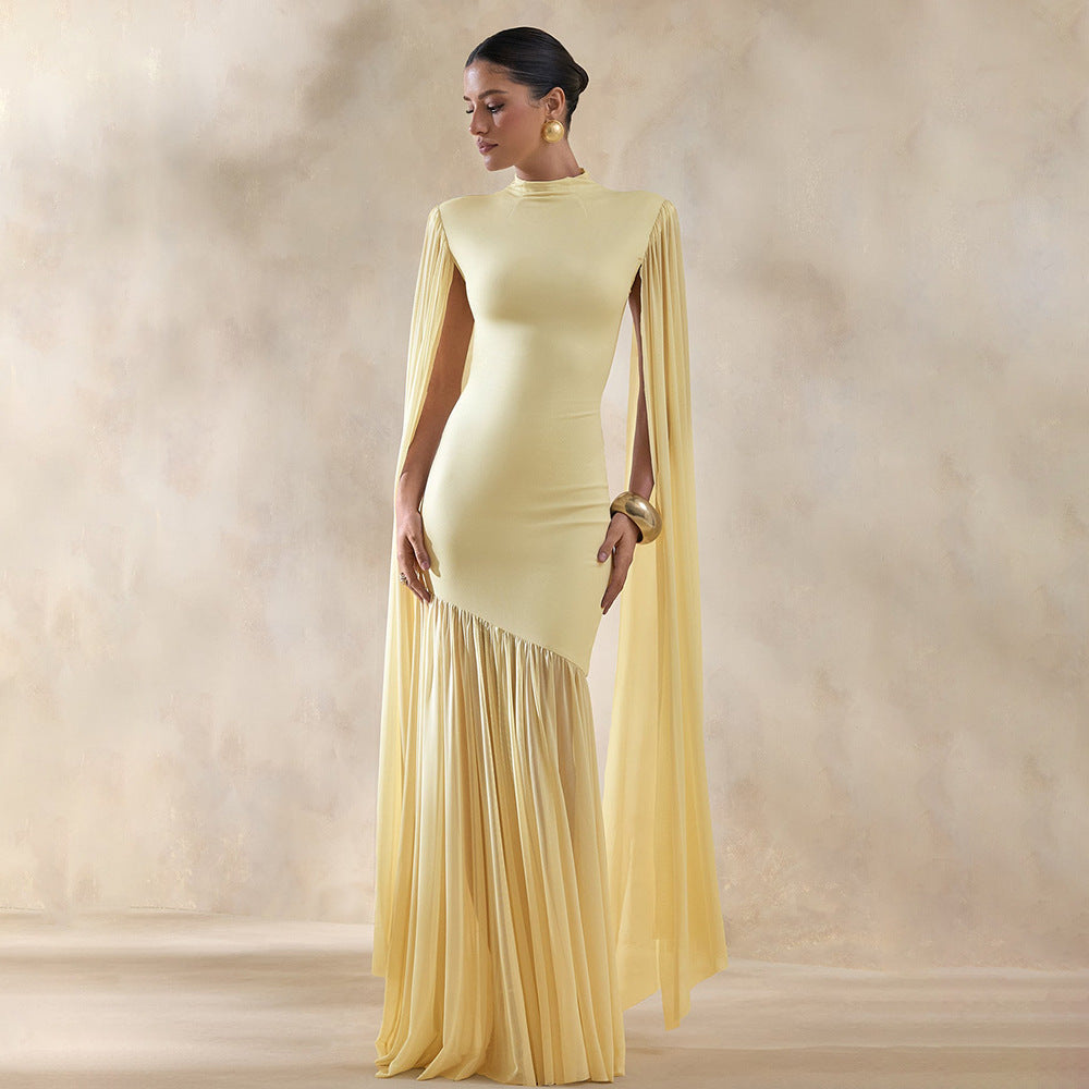 yellow mesh streamer maxi dress