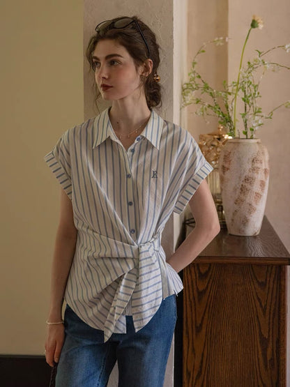 cotton-dyed striped letters embroidered knotted tie-up short-sleeve shirt