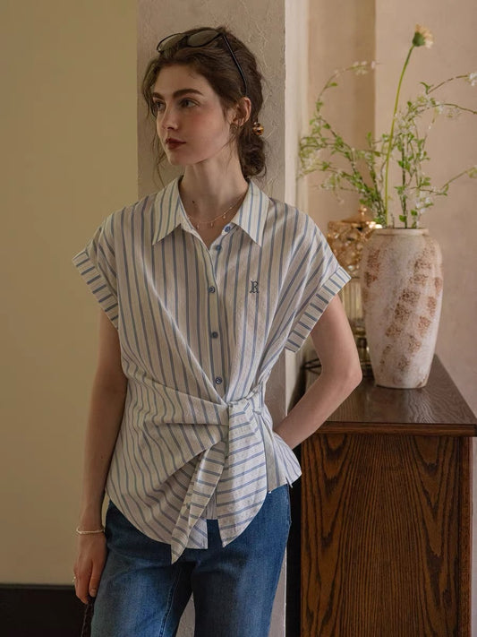 cotton-dyed striped letters embroidered knotted tie-up short-sleeve shirt