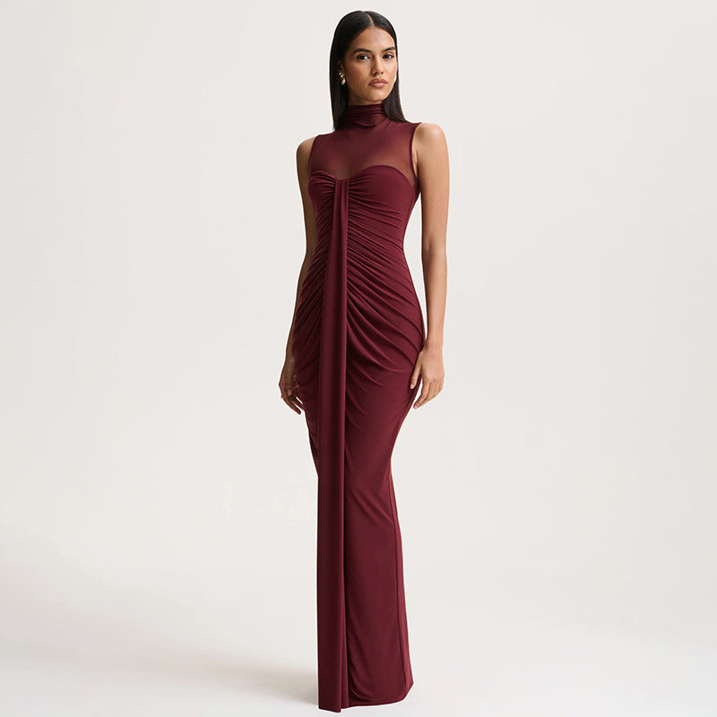 red wine mesh high neck sleeveless splicing pleated dress