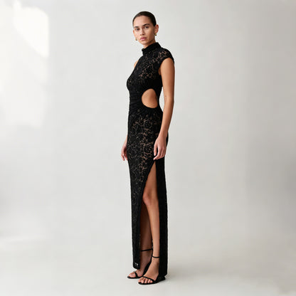 black lace slit cut-out waist dress