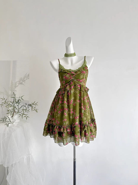 Country-style floral multi-layered cake mini dress - Green