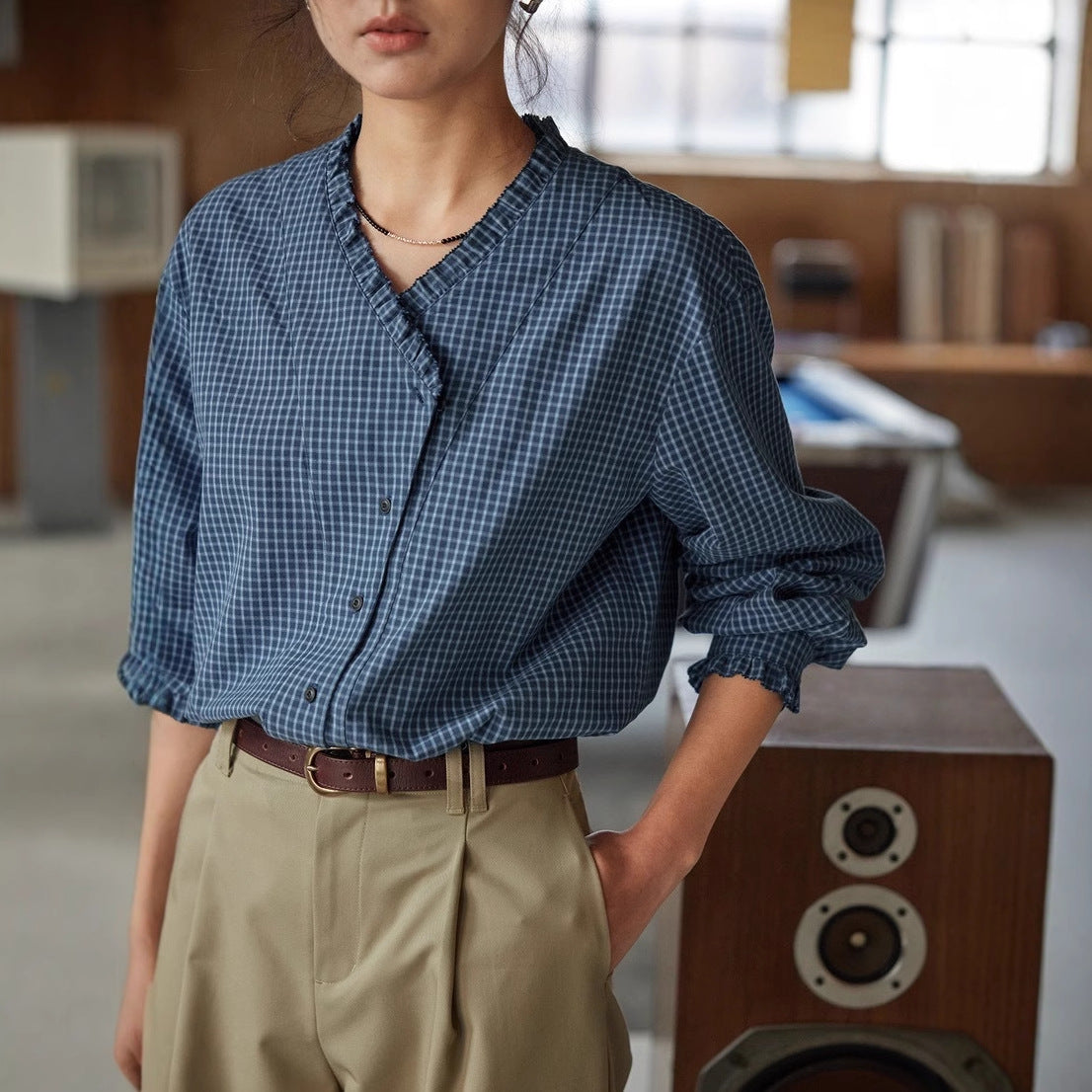 navy blue plaid V-neck ruffled  long-sleeve shirt