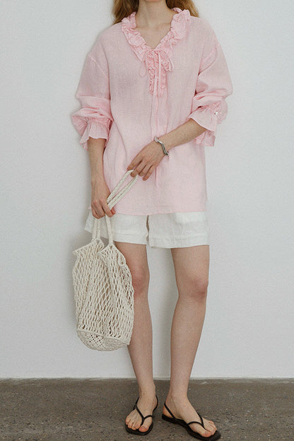 pink V-Neck Tie Shirt