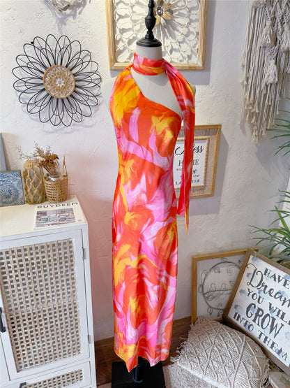 ribbon satin silky lace-up backless dress