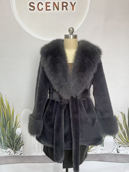 Big Fur Collar Long Mink Faux Fox Coat