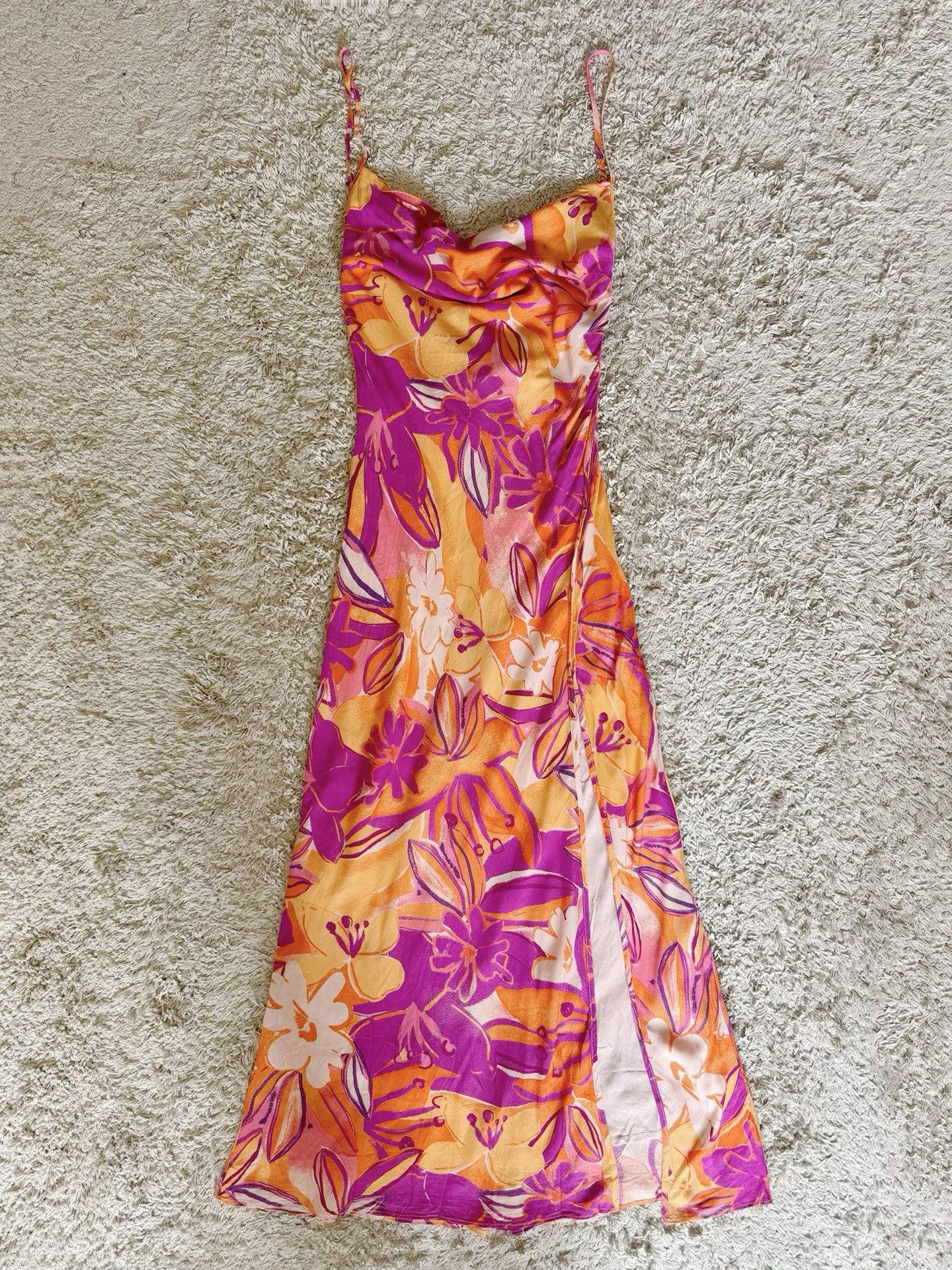 Draped Cowl Neck Floral Satin Slip Maxi Dress