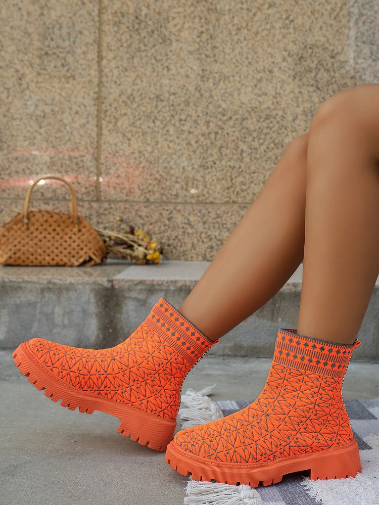 Geometric pattern flyknit stretch high-top chimney boots