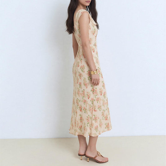 V-neck floral lace-up slim dress