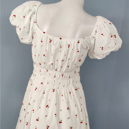 white cherry print short sleeve mini dress