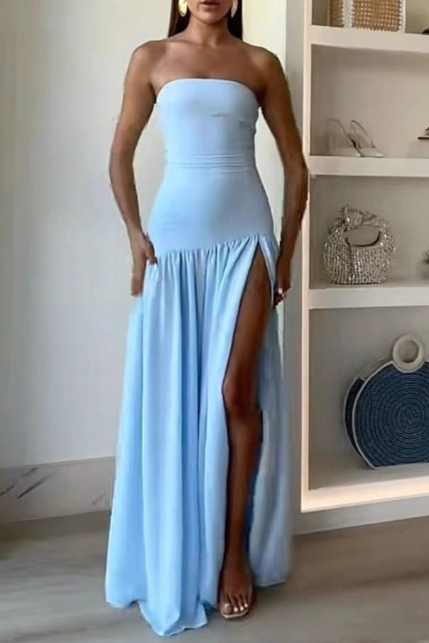blue Off-the-Shoulder Bandeau High Slit Dress