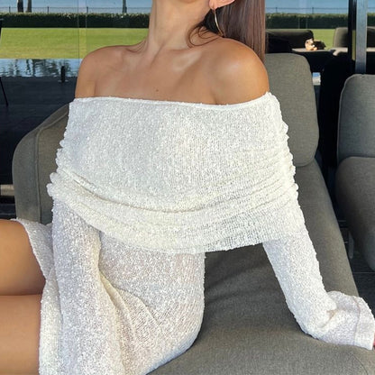 Knitted openwork one-line see-through openwork mini dress