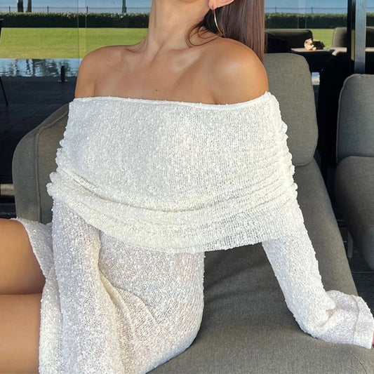 Knitted openwork one-line see-through openwork mini dress