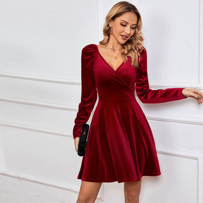 red V-neck fitted waist velvet A-line dress