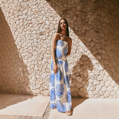 Linen print resort maxi dress - blue/white