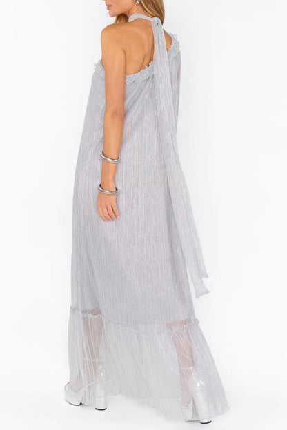 silver slanted shoulder streamer maxi dress