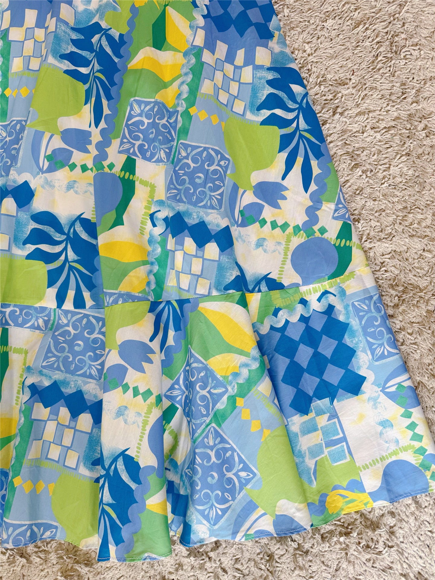Scalloped Trim Tropical Patchwork Print Spaghetti Strap Maxi Dress