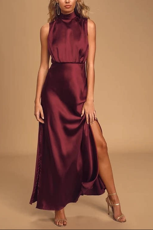 red stand collar slit banquet dress