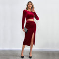 Burgundy openwork slit bodycon long-sleeved velvet mini dress