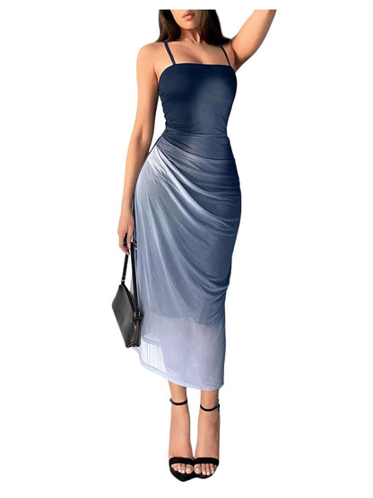 black Mesh Suspender Backless Dress