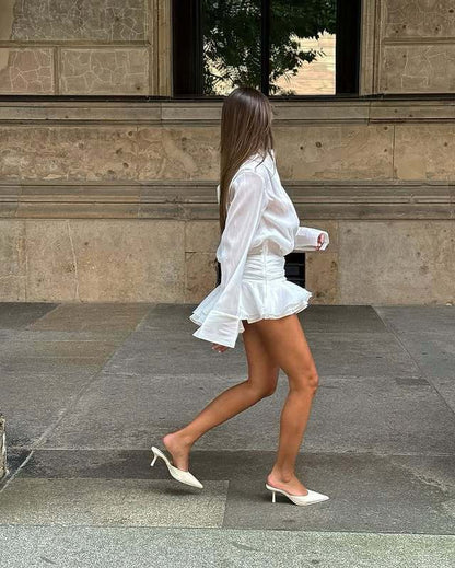 Collared mesh ruffled long-sleeved shirt and skirt