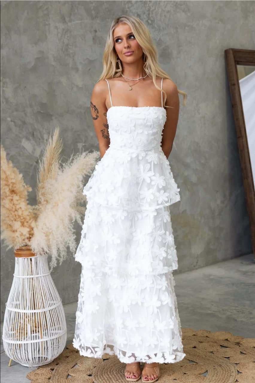 white Suspender maxi Dress